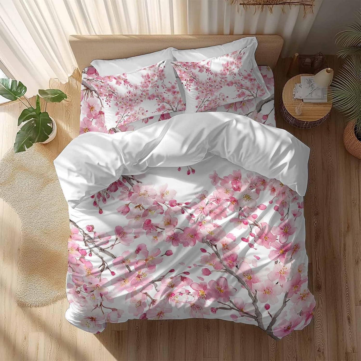 Spring Cherry Blossoms Duvet Cover Set Queen Size 4 Pieces Pink Flowers Branch Watercolor Plant Bedding Set with Zipper Closure, 1 Comforter Cover 86x86 Inches 1 Flat Sheet & 2 Pillow Cases