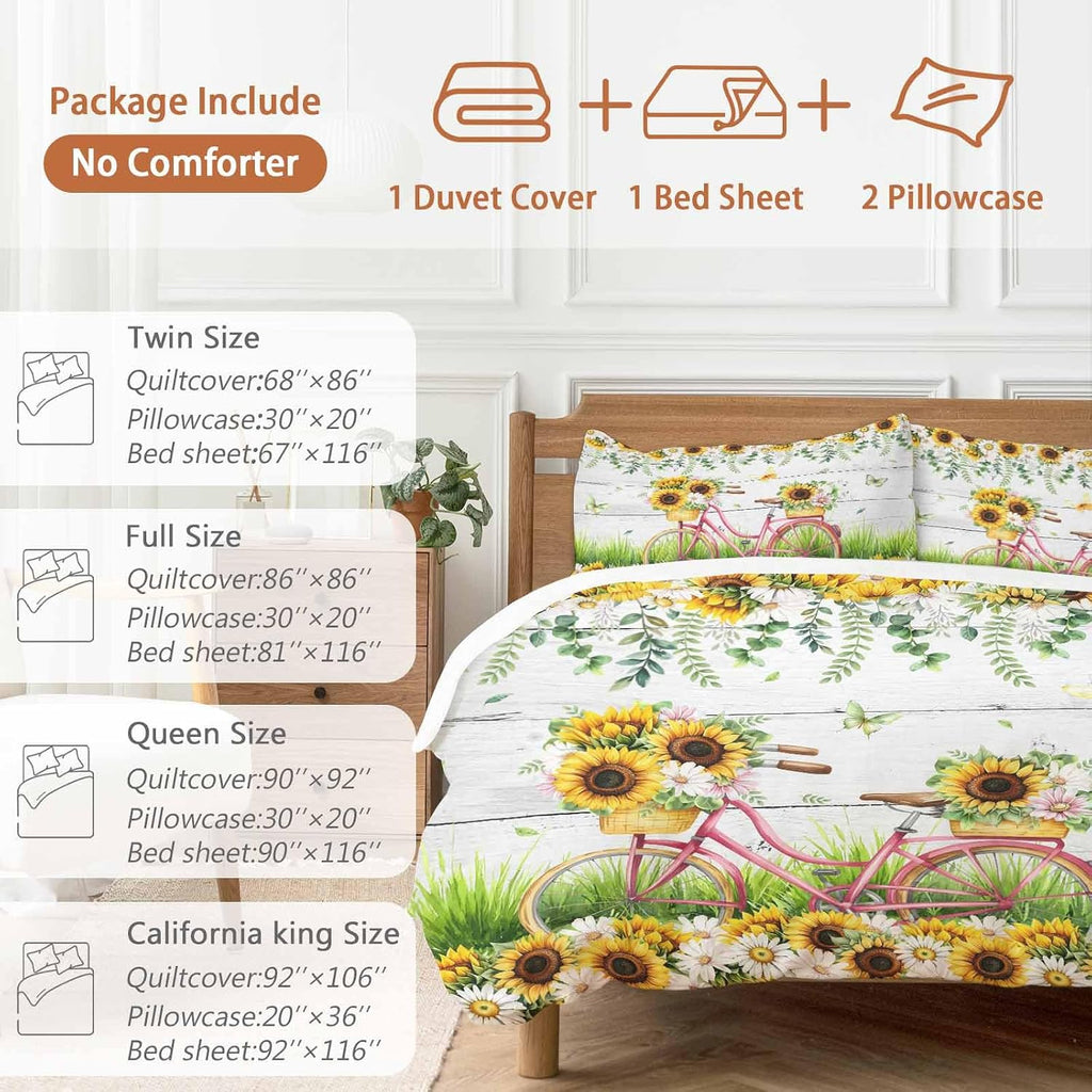 Spring Floral Duvet Cover Set Queen Size 4 Pieces Sunflower Daisy Bike Eucalyptus Leaves Grey Wood Bedding Set with Zipper Closure, 1 Comforter Cover 86x86 Inches 1 Flat Sheet & 2 Pillow Cases
