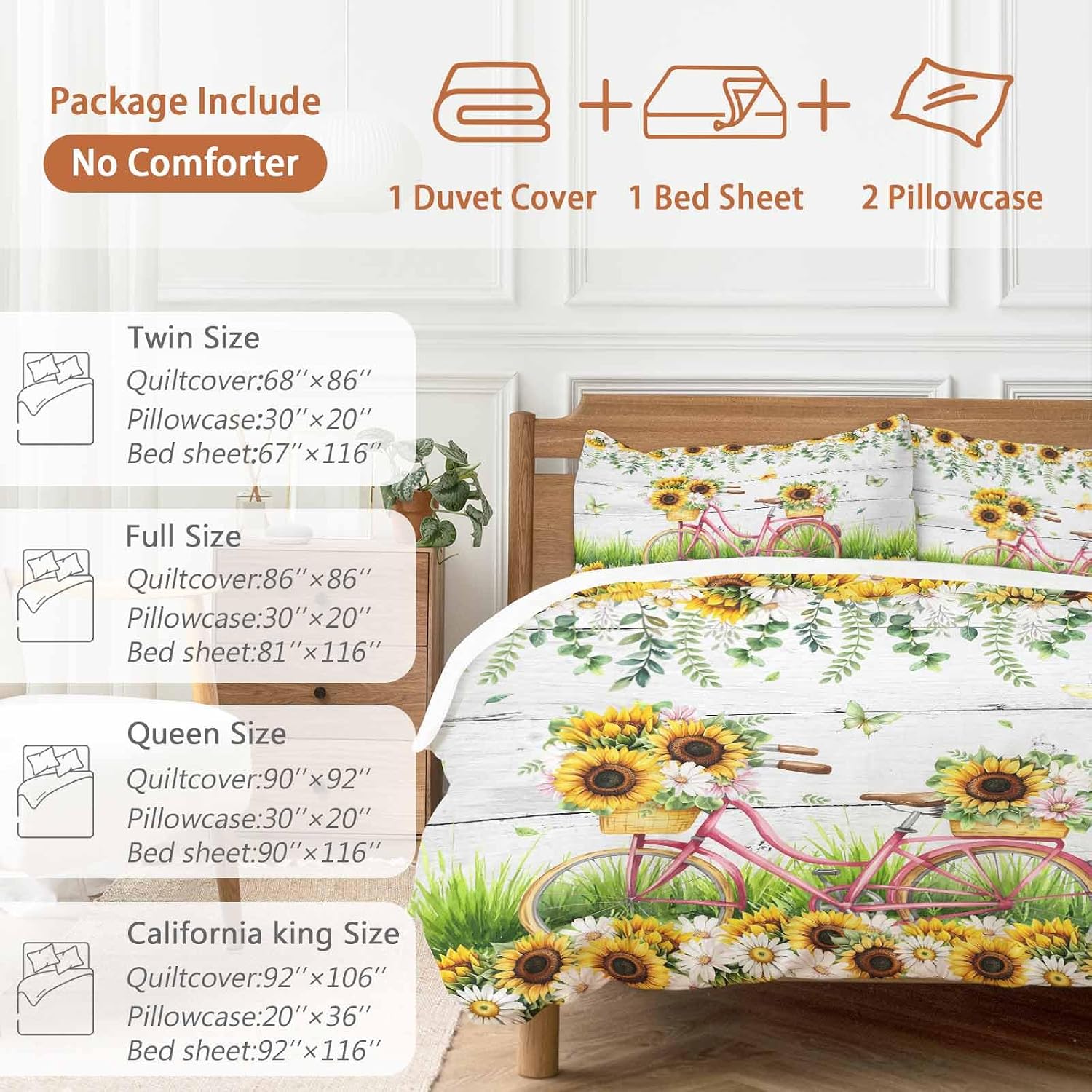 Spring Floral Duvet Cover Set Queen Size 4 Pieces Sunflower Daisy Bike Eucalyptus Leaves Grey Wood Bedding Set with Zipper Closure, 1 Comforter Cover 86x86 Inches 1 Flat Sheet & 2 Pillow Cases