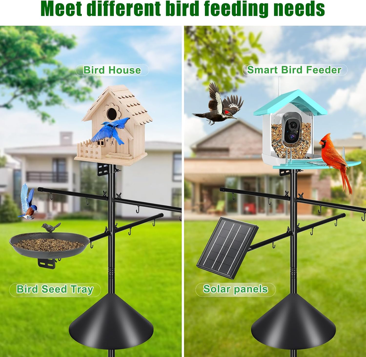 Gtongoko Squirrel Proof Smart Bird Feeder Pole for Outdoors 107 Inch 1 Inch Diameter Bluebird House Pole with 2 Platform and 8 Hooks for Bird Feeder with Camera Adjustable Heavy Duty Mounting Pole