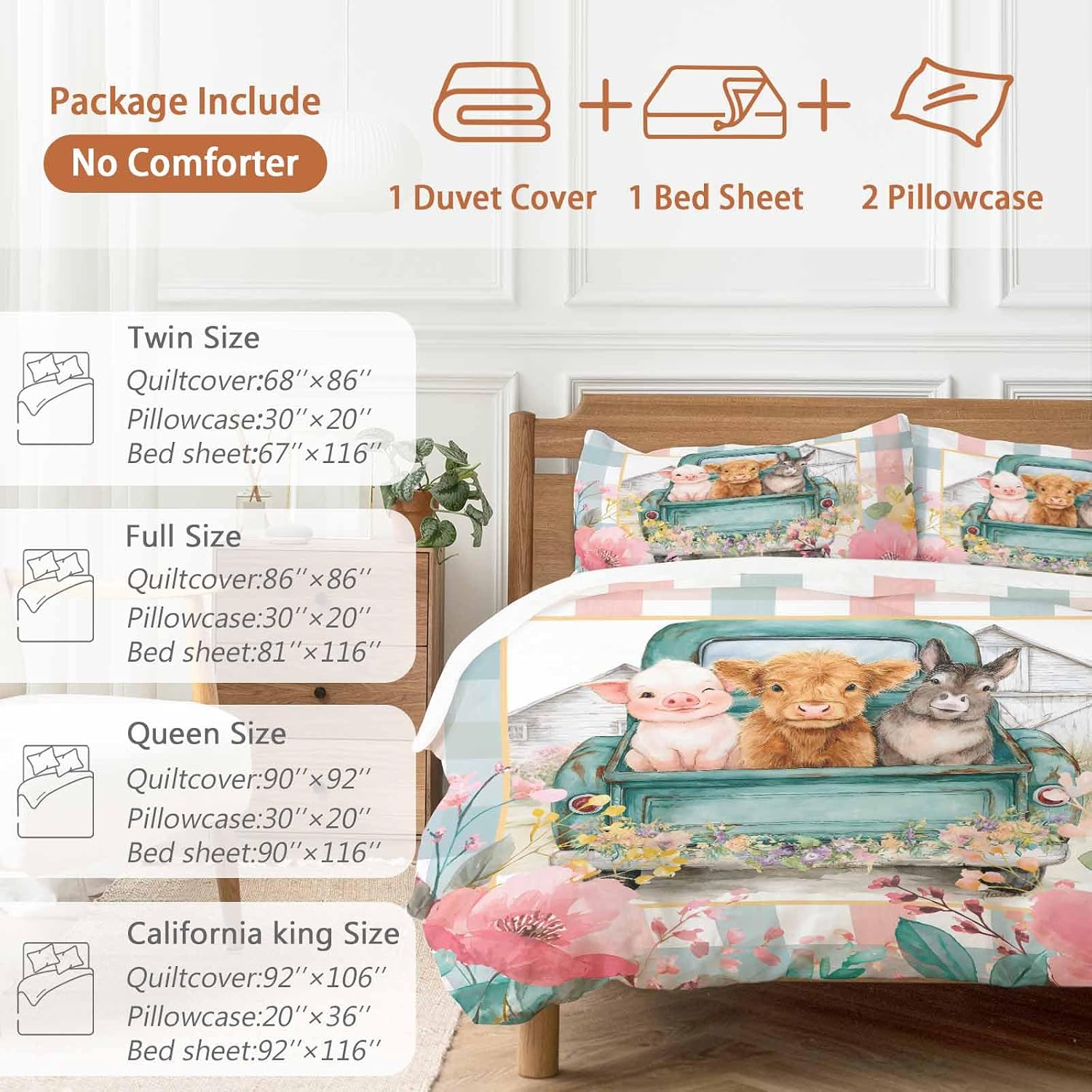Farm Animals Duvet Cover Set Queen Size 4 Pieces Funny Pig Cow Donkey Retro Truck Spring Floral Bedding Set with Zipper Closure, 1 Comforter Cover 90x92 Inches 1 Flat Sheet & 2 Pillow Cases