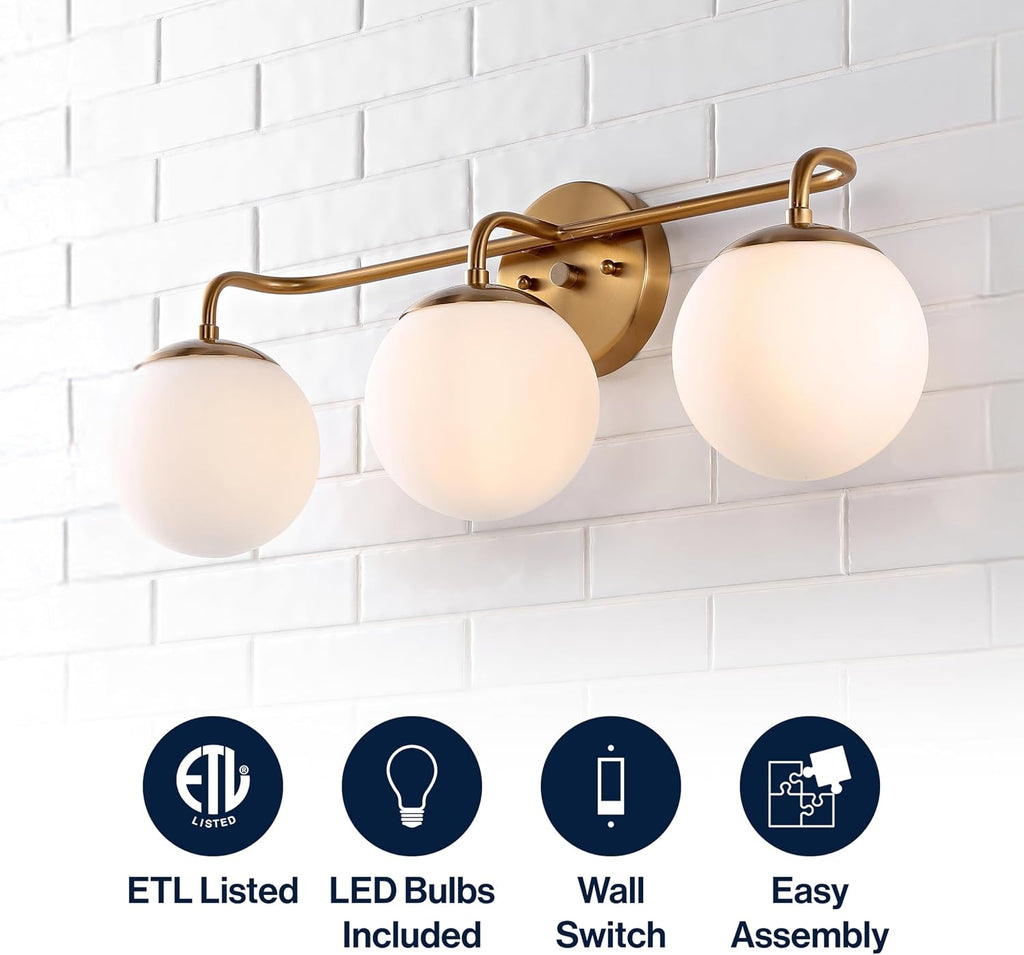 JONATHAN Y 25' Gold Painting Modern Globe Wall Sconce Vanity Light for Bathroom, White Frosted Glass Shade, Midcentury Parisian Bistro Wall Lamp, LED Bulb Included (JYL3536A)