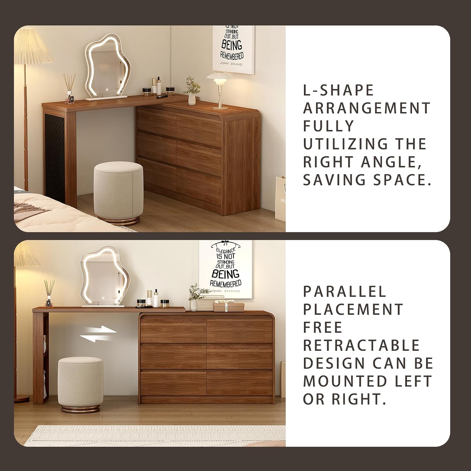 Messenya Makeup Vanity Desk with Cloud HD Lighted Mirror, 50-94in Extendable Modern Vanity Table Set with Chair, 6-Drawer Storage Cabinet with Rounded Corners (Vanity1)