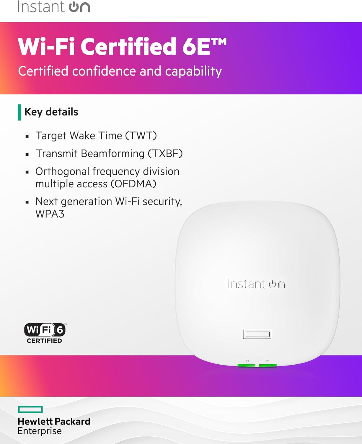 HPE Networking Instant On Access Point AP32 2x2 WiFi 6E Indoor Wireless Access Point | Secure, Tri-Band, Future Ready | Power Source Not Included | US Model (S1T22A)