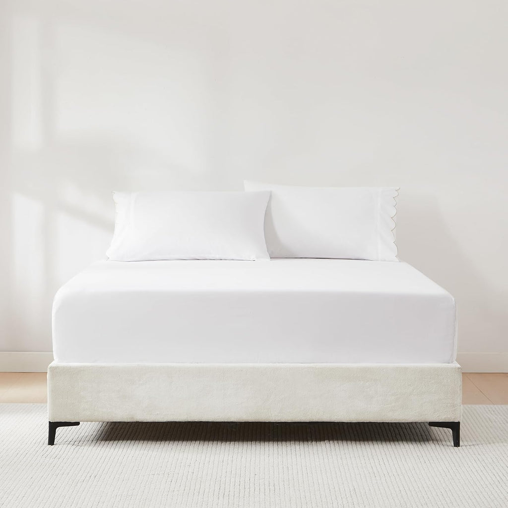 Lush Decor Coastal Chic Scalloped Edge Cotton Sheet Set 4 Piece Set King Neutral - White Sheets - Scallop Trim - Bed Sheets - Coastal Decor