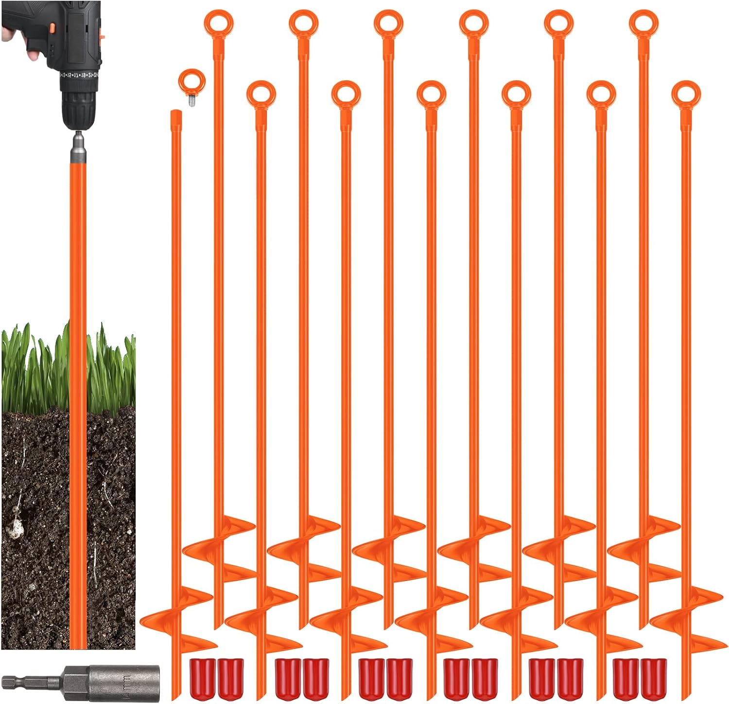 Lasnten 12 Pcs 30 Inch Long Spiral Ground Anchor Heavy Duty Blade Earth Anchor Kit Metal Anchors Hook Beach Sand Stakes Camping for Securing Animals, Shelters, Tents, Canopies (Orange)