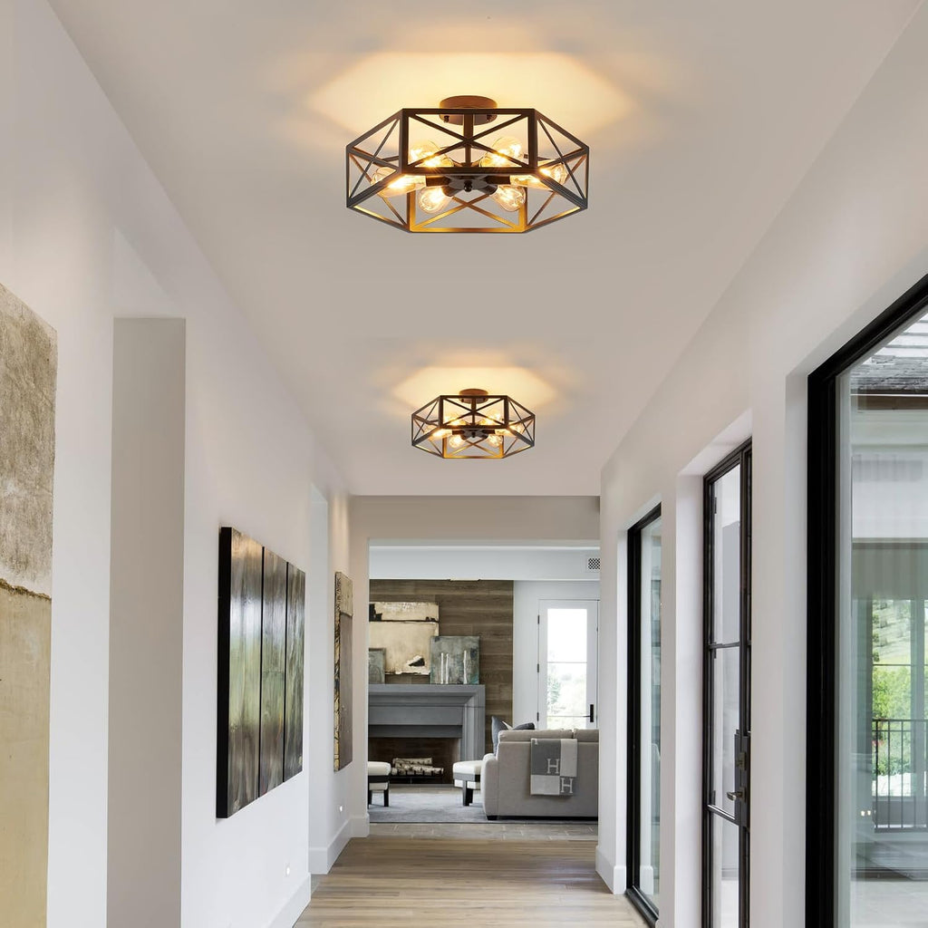 XSDeTu Industrial Semi Flush Mount Ceiling Light, 6 Light Modern Metal Close to Ceiling Light Fixture, Farmhouse Light Fixtures Ceiling Mount, Black Chandelier for Kitchen, Dining Room, Hallway