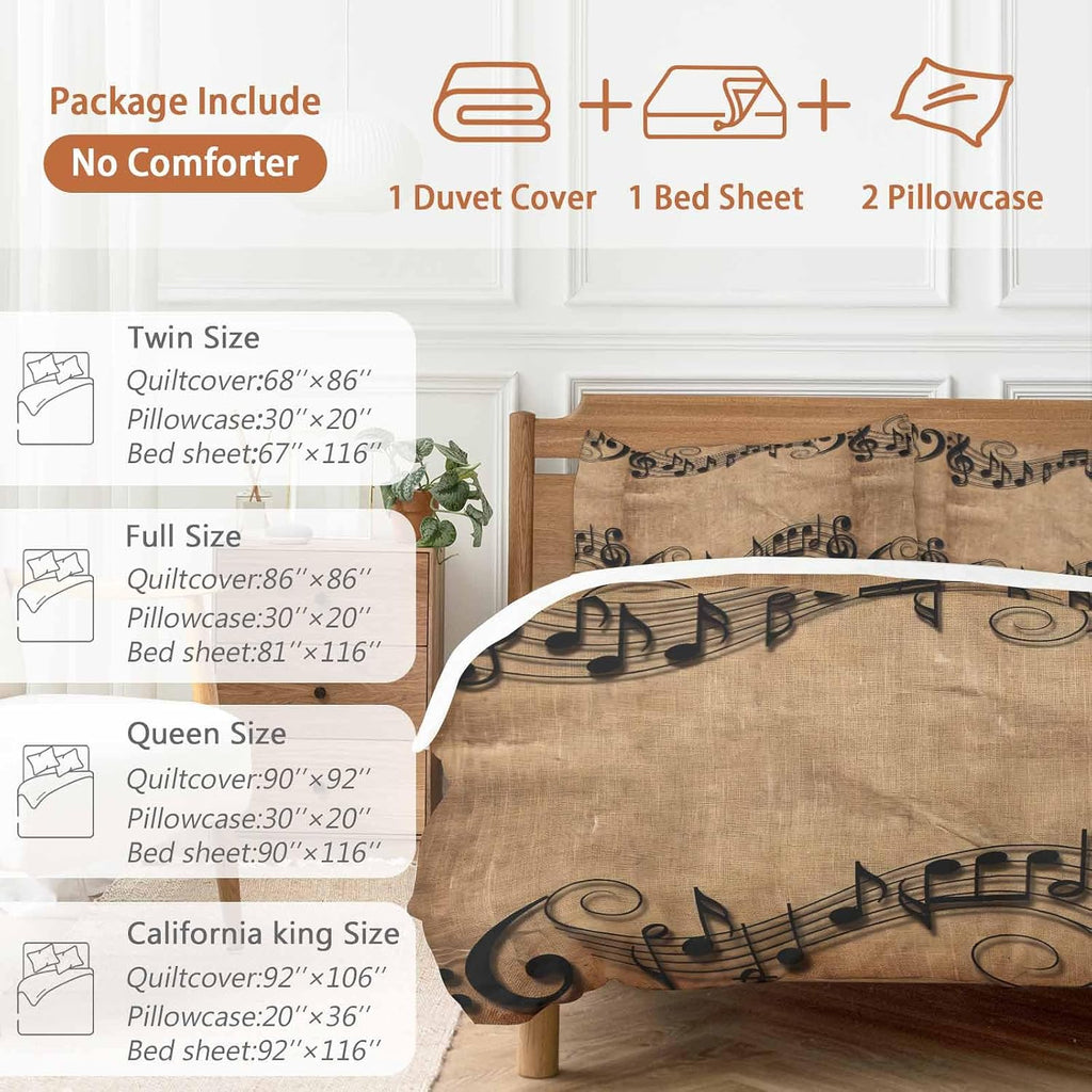Musical Symbols Duvet Cover Set Queen Size 4 Pieces Musical Staff Retro Brown Background Modern Bedding Set with Zipper Closure, 1 Comforter Cover 90x92 Inches 1 Flat Sheet & 2 Pillow Cases