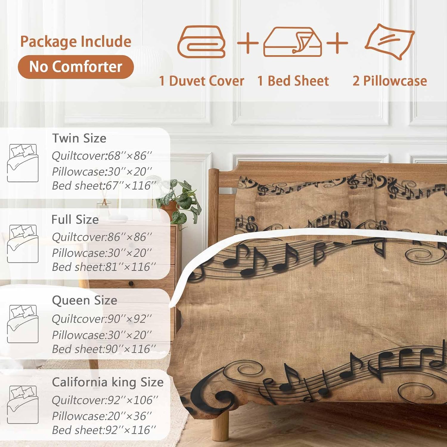Musical Symbols Duvet Cover Set Queen Size 4 Pieces Musical Staff Retro Brown Background Modern Bedding Set with Zipper Closure, 1 Comforter Cover 90x92 Inches 1 Flat Sheet & 2 Pillow Cases
