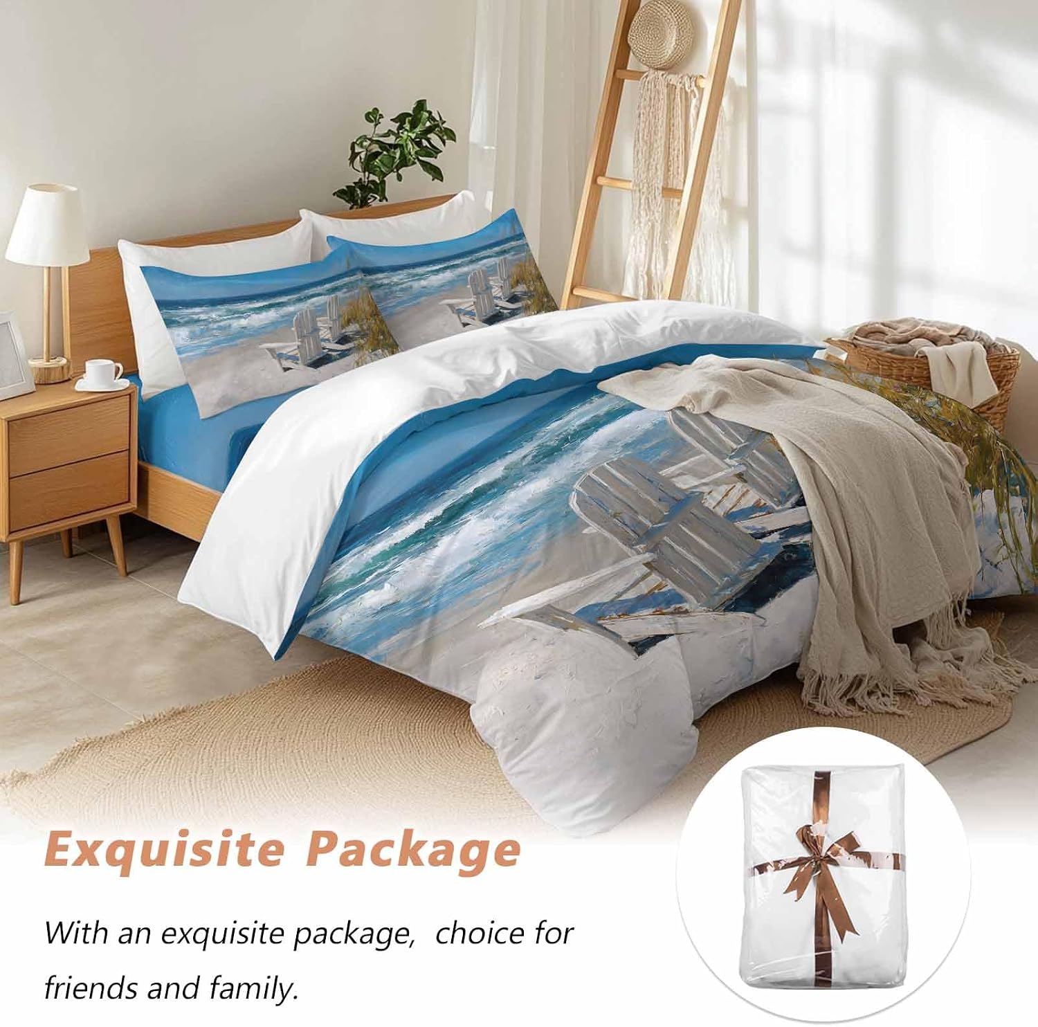 Prime Leader White Chairs Duvet Cover Set Queen Size 4 Pieces American Country Beach Ocean Bedding Set with Zipper Closure, 1 Comforter Cover 92x106 Inches 1 Flat Sheet & 2 Pillow Cases