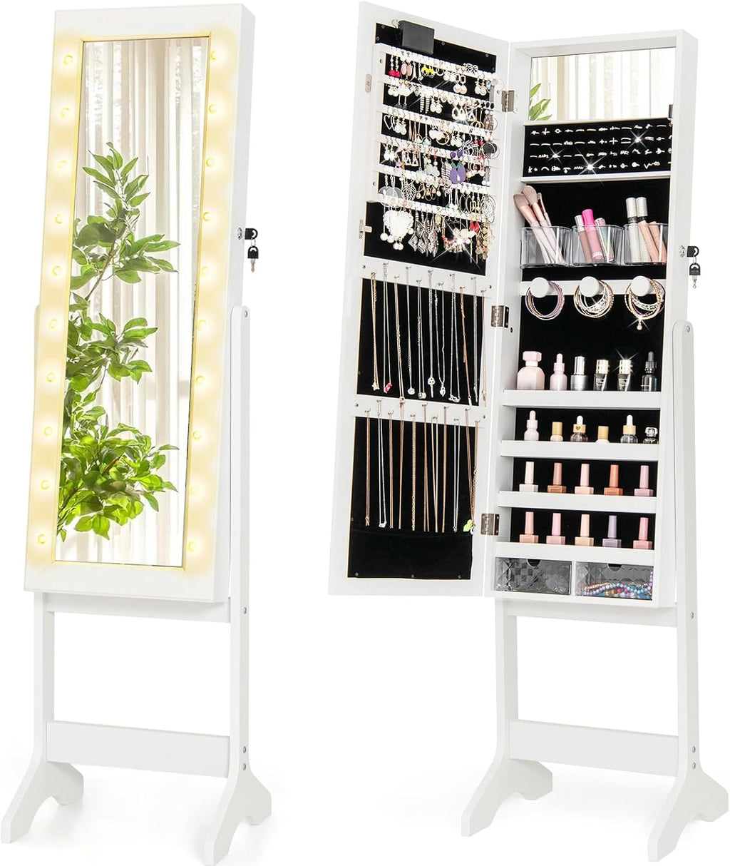 Giantex Standing Jewelry Armoire with Lighted Full Length Mirror, Lockable Jewelry Cabinet Organizer with 20 LED Lights, Adjustable Tilt, Large Storage for Earrings, Rings, Necklaces, White