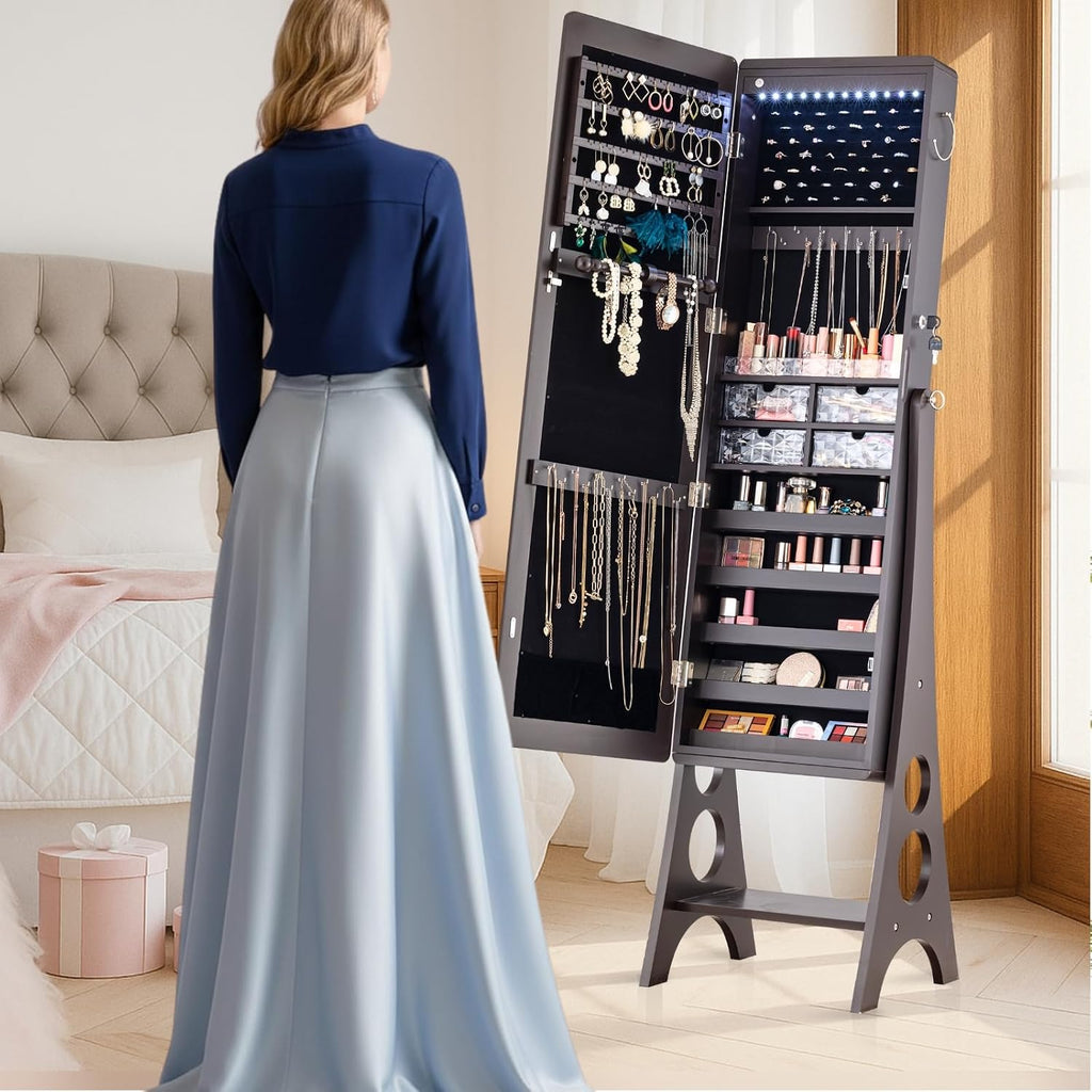 BTEXPERT Mirror Jewelry Cabinet Standing, Large Storage Jewelry Armoire, Full-Length Frameless Mirror with Jewelry Storage, 12 LED Lockable Standing Jewelry Organizer Brown