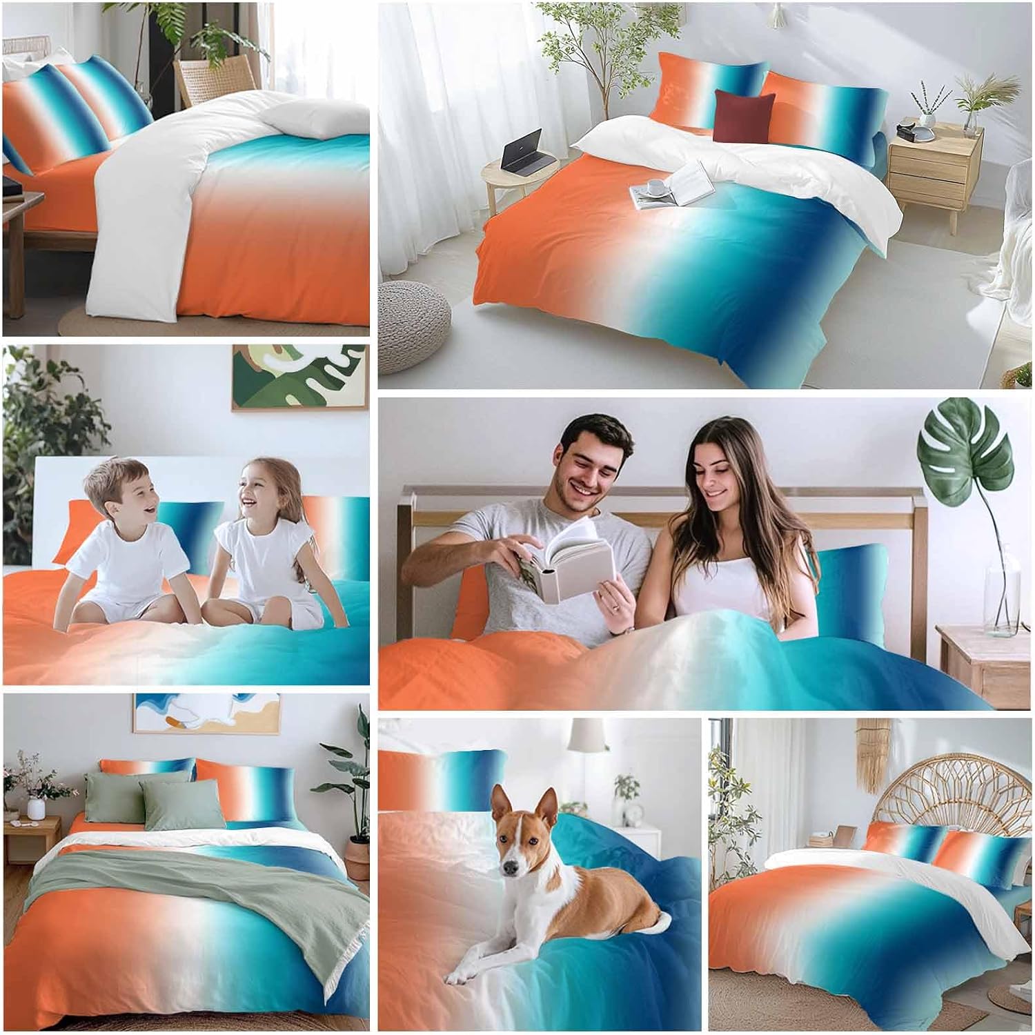 Gradient Orange Teal Duvet Cover Set Queen Size 4 Pieces Modern Abstract Minimalist Blue Ocean Beach Bedding Set with Zipper Closure, 1 Comforter Cover 90x92 Inches 1 Flat Sheet & 2 Pillow Cases