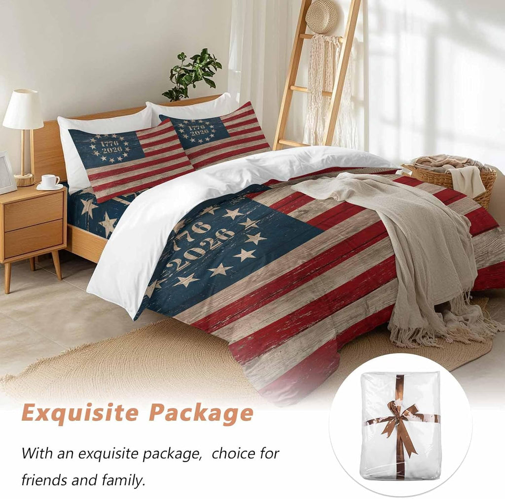 Independence Day Duvet Cover Set Queen Size 4 Pieces Retro American Flag Patriotic Red Blue Stripe Star Bedding Set with Zipper Closure, 1 Comforter Cover 92x106 Inches 1 Flat Sheet & 2 Pillow Cases