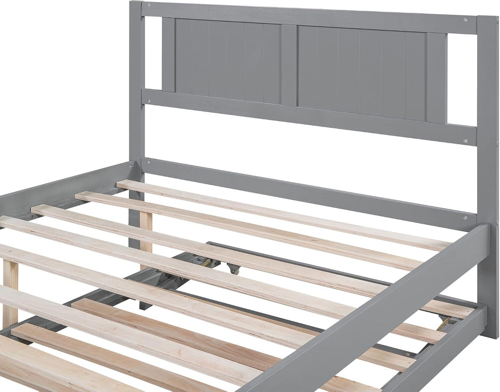 Merax Full Size Wooden Platform Bed with Headboard and Twin Size Adjustable Trundle for Kids, Gray Full Bed with Wood Slats Support for Kidsroom or Bedroom, No Box Spring Needed