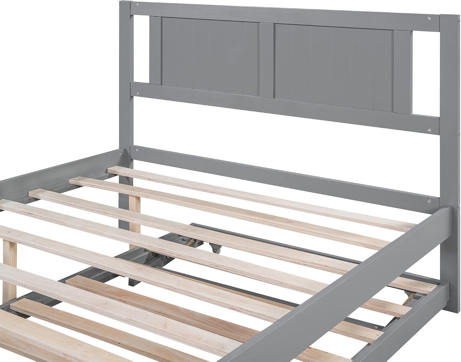 Merax Full Size Wooden Platform Bed with Headboard and Twin Size Adjustable Trundle for Kids, Gray Full Bed with Wood Slats Support for Kidsroom or Bedroom, No Box Spring Needed