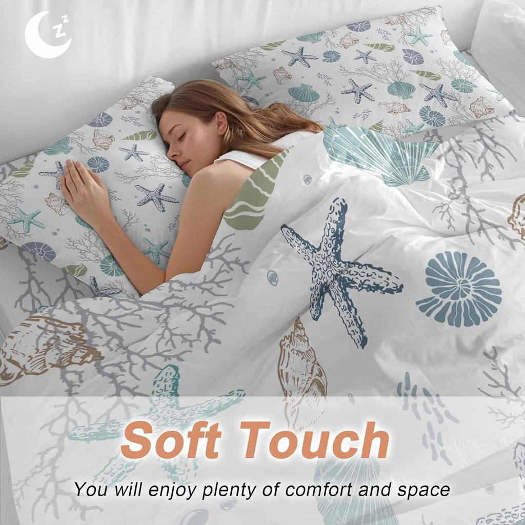 Prime Leader Summer Beach Duvet Cover Set Queen Size 4 Pieces Nautical Starfish Coral Shell Teal Ocean Bedding Set with Zipper Closure, 1 Comforter Cover 92x106 Inches 1 Flat Sheet & 2 Pillow Cases