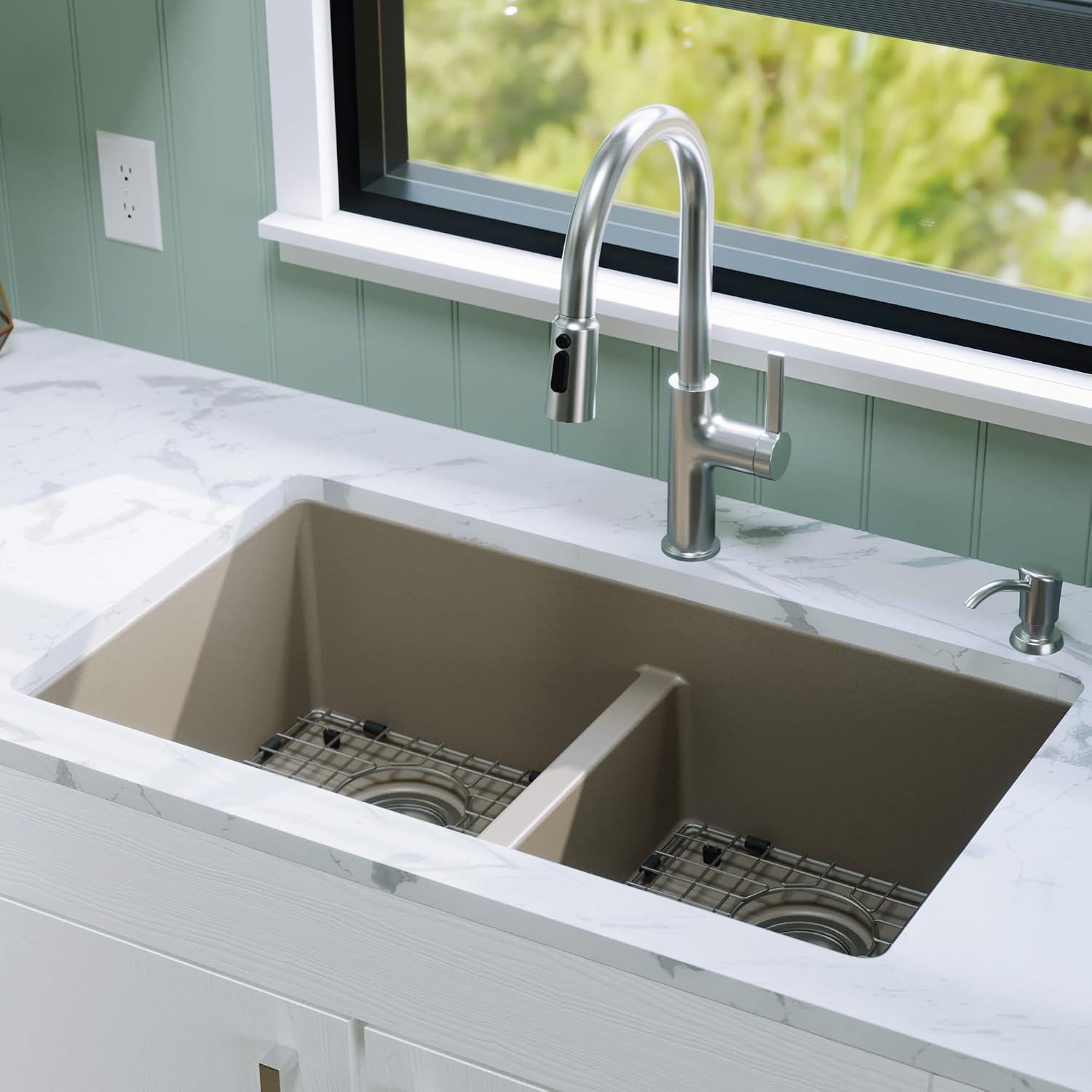 Karran QU-810 32' Undermount Double Equal Bowl Quartz Kitchen Sink Kit in Concrete