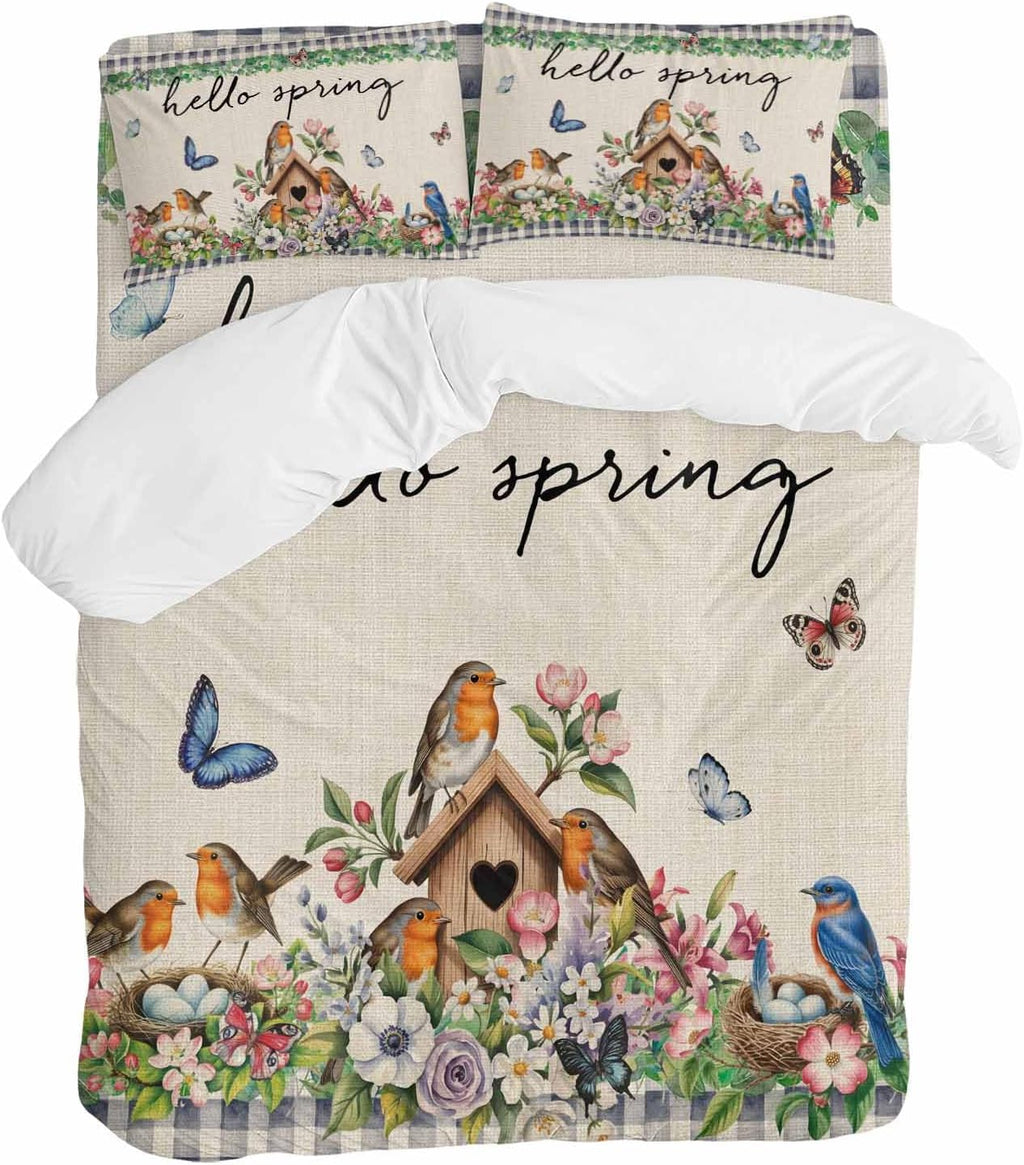 Hello Spring Duvet Cover Set Queen Size 4 Pieces Bird Pink White Flowers Butterflies Vintage Linen Texture Bedding Set with Zipper Closure,1 Comforter Cover 92x106 Inches 1 Flat Sheet & 2 Pillow Cases