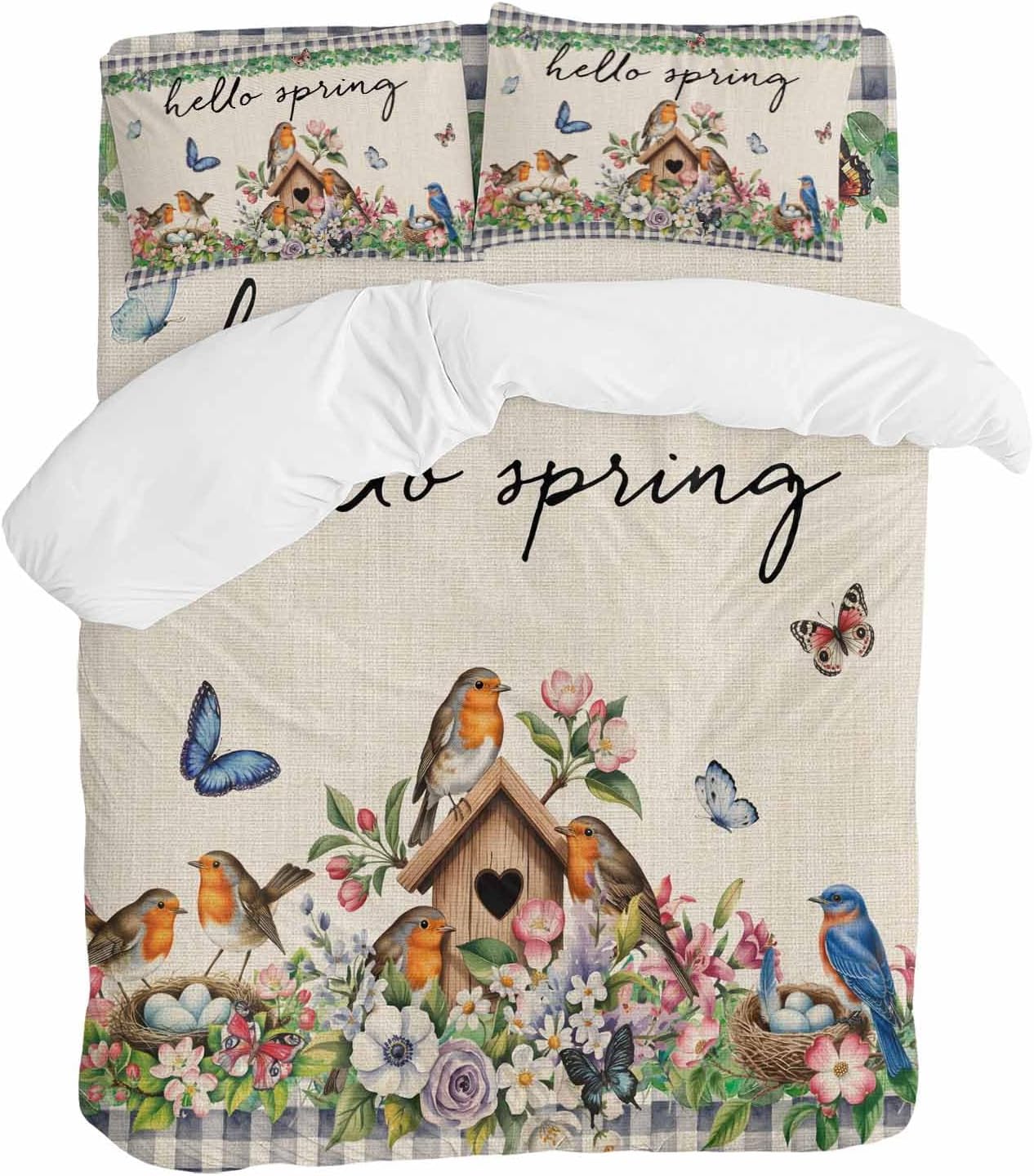 Hello Spring Duvet Cover Set Queen Size 4 Pieces Bird Pink White Flowers Butterflies Vintage Linen Texture Bedding Set with Zipper Closure,1 Comforter Cover 92x106 Inches 1 Flat Sheet & 2 Pillow Cases