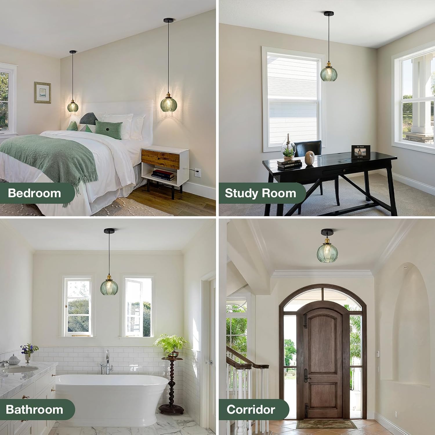 7.8in Vintage Pendant Light 2- Light Kitchen Sink Pendant Lights with Green Hand Blown Glass Small Hanging Lamp for Kitchen Island Dining Room Bedroom Bathroom Hallway E26