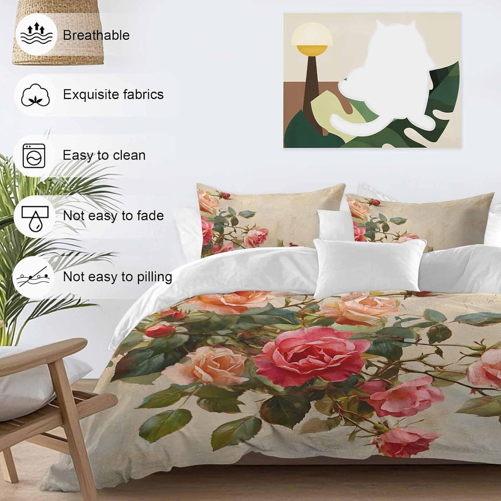Spring Red Rose Duvet Cover Set Queen Size 4 Pieces Country Watercolor Pink Orange Floral Green Leaf Linen Bedding Set with Zipper Closure, 1 Comforter Cover 90x92 Inches 1 Flat Sheet & 2 Pillow Cases