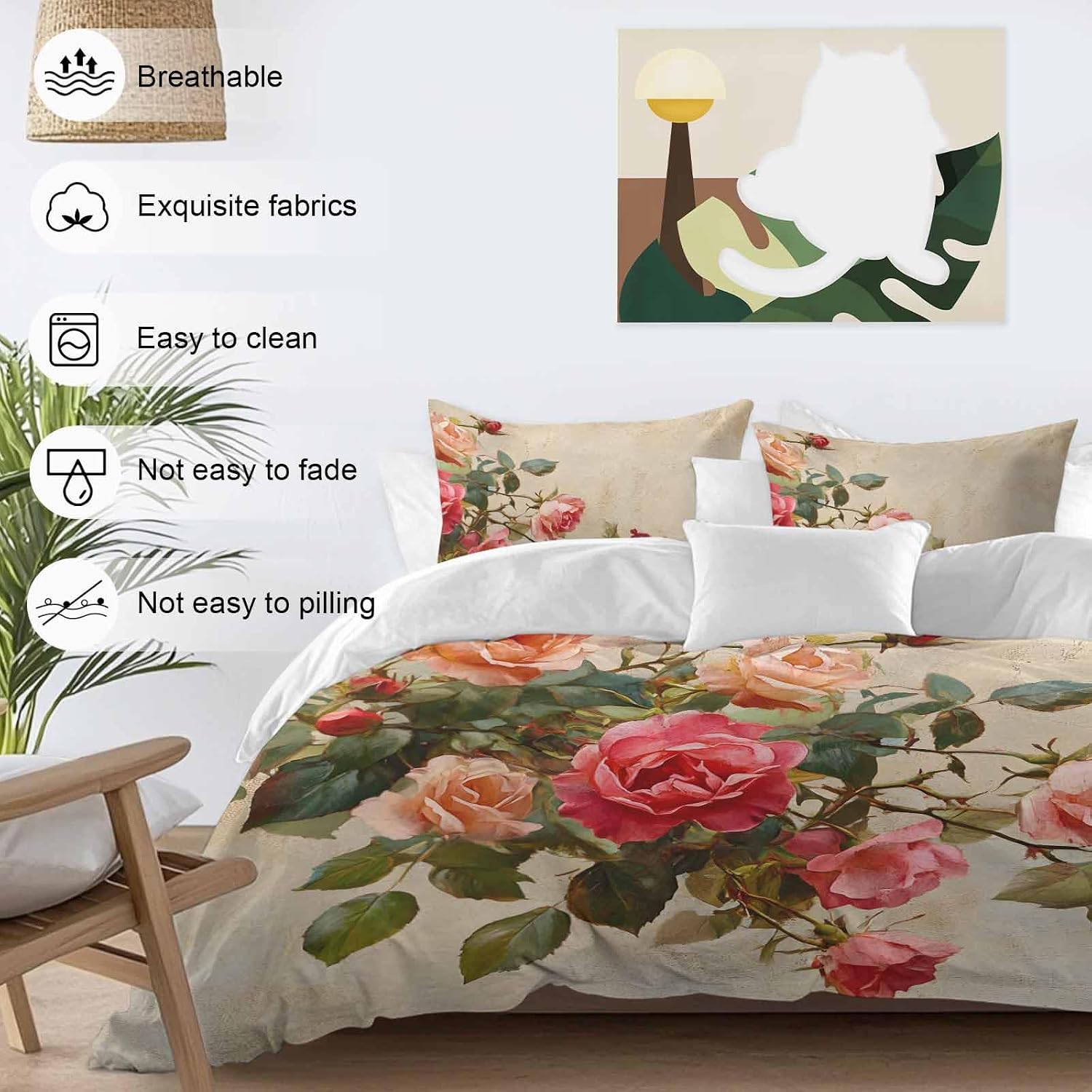 Spring Red Rose Duvet Cover Set Queen Size 4 Pieces Country Watercolor Pink Orange Floral Green Leaf Linen Bedding Set with Zipper Closure, 1 Comforter Cover 90x92 Inches 1 Flat Sheet & 2 Pillow Cases