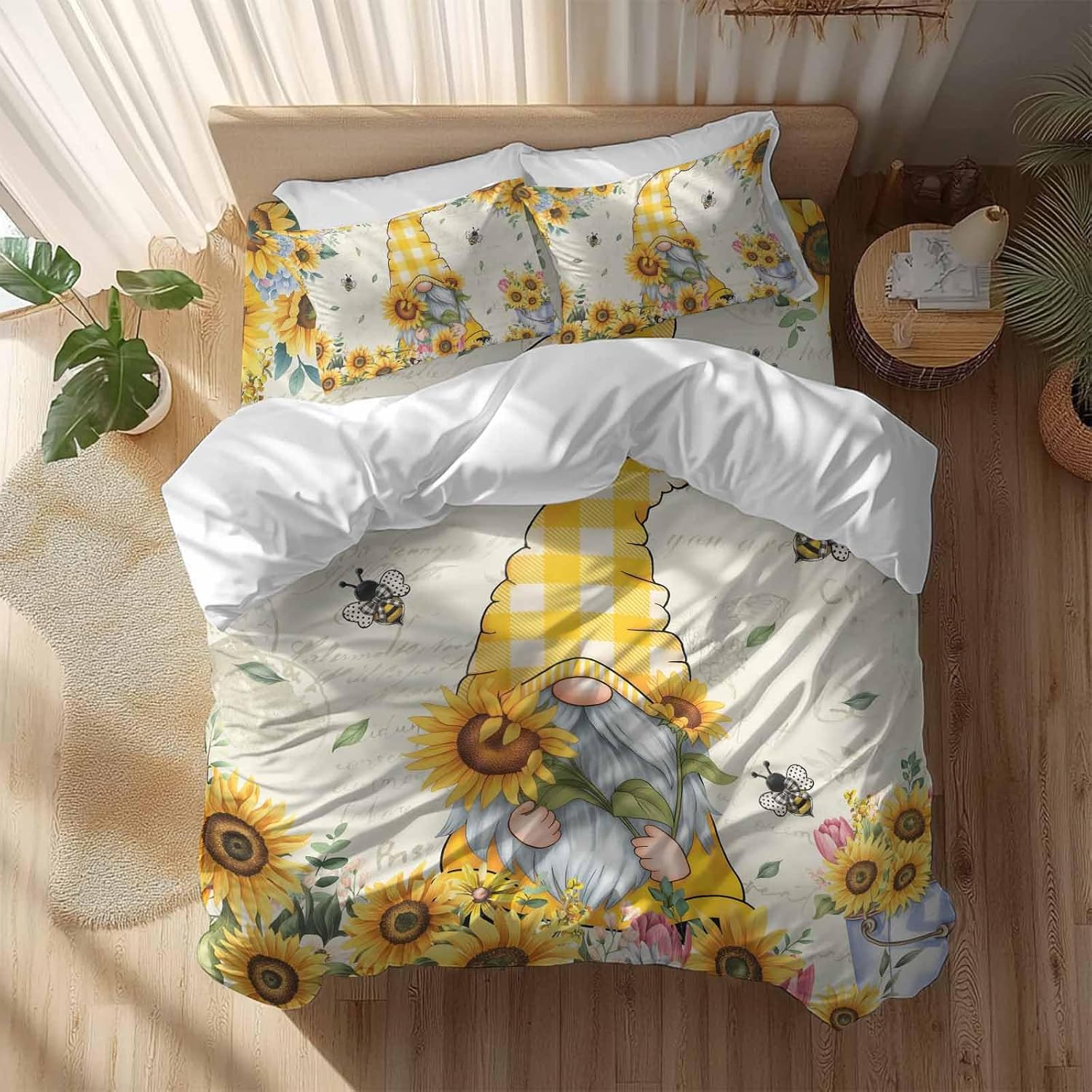 Sunflower Gnome Duvet Cover Set Queen Size 4 Pieces Bee Yellow Flower Leaf Spring Plant Farm Bedding Set with Zipper Closure, 1 Comforter Cover 92x106 Inches 1 Flat Sheet & 2 Pillow Cases