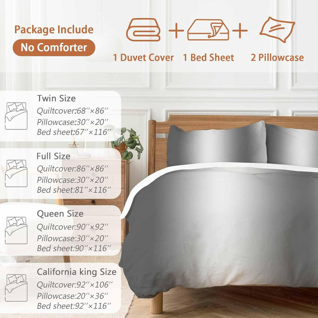 Gradient Gray Black Duvet Cover Set Queen Size 4 Pieces Modern Abstract Minimalist Grey Ocean Beach Bedding Set with Zipper Closure, 1 Comforter Cover 86x86 Inches 1 Flat Sheet & 2 Pillow Cases