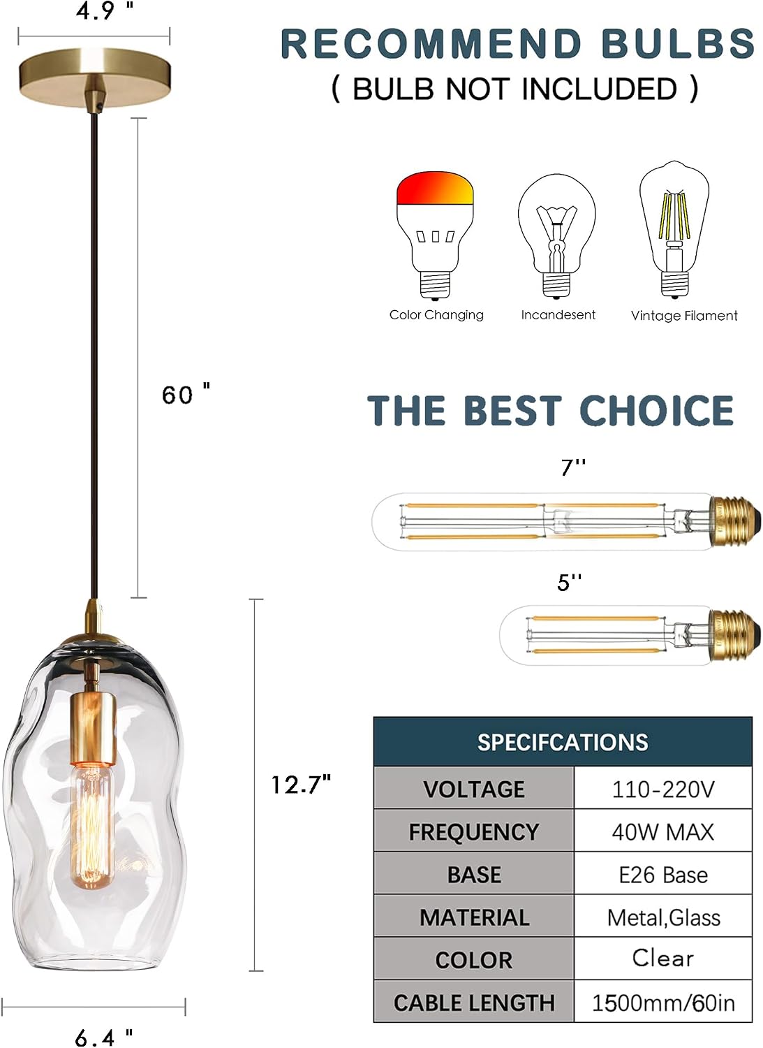 CASAMOTION Modern Pendant Lights Kitchen Island Large Gold Hanging Light Fixtures for Dining Table Blown Art Glass Clear Organic Globe Bedroom Foyer Entryway Hallway Lamp 12 Inch 1 Pack