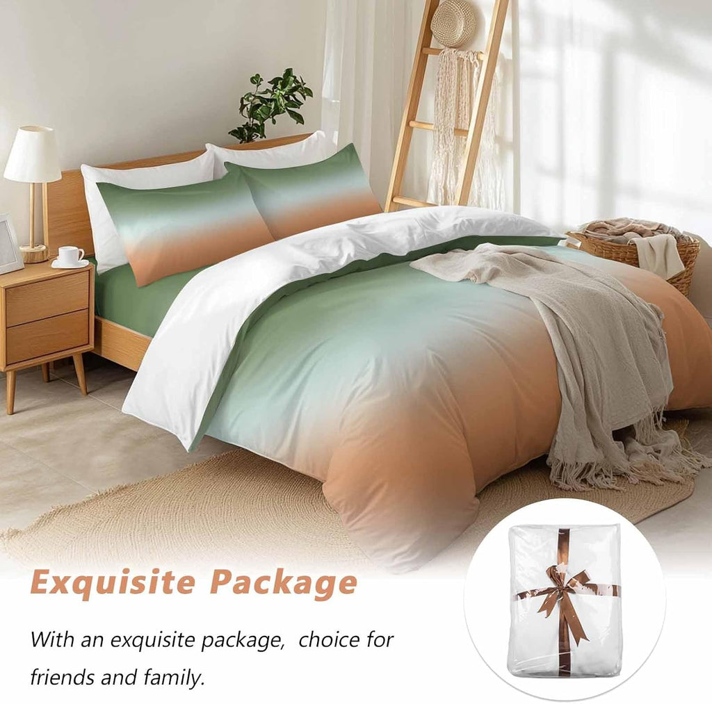 Gradient Sage Green Duvet Cover Set Queen Size 4 Pieces Modern Minimalist Green Orange Ocean Beach Bedding Set with Zipper Closure, 1 Comforter Cover 90x92 Inches 1 Flat Sheet & 2 Pillow Cases