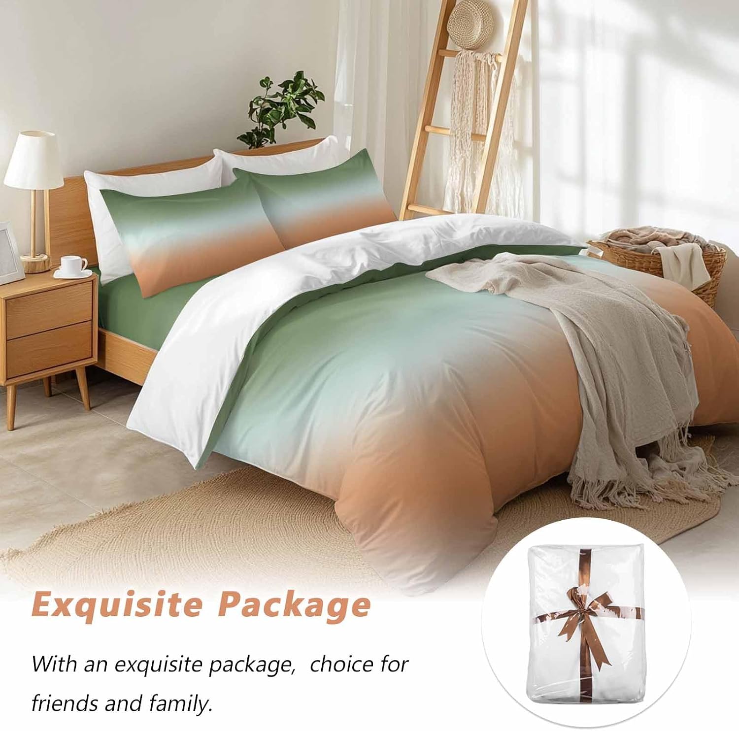 Gradient Sage Green Duvet Cover Set Queen Size 4 Pieces Modern Minimalist Green Orange Ocean Beach Bedding Set with Zipper Closure, 1 Comforter Cover 90x92 Inches 1 Flat Sheet & 2 Pillow Cases
