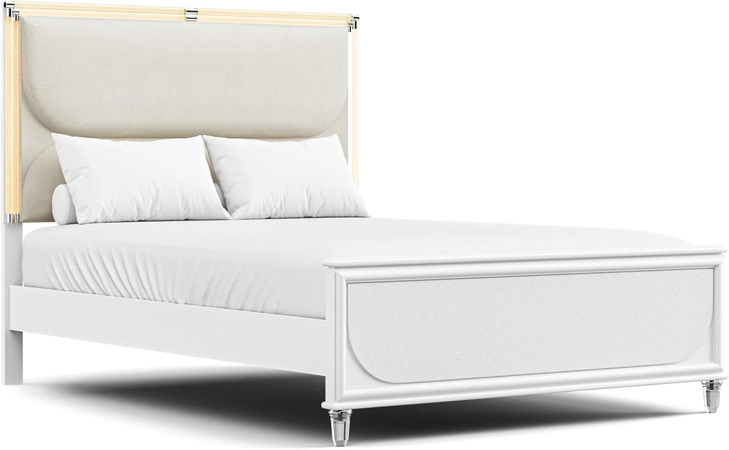 Furniture of America Leila Modern Wood 6-Piece Kids Bedroom Set with LED on Headboard and Mirror, Embossed Panels, Hidden Jewelry Tray, Felt-Lined, No Box Spring Needed, Full, Pearl White