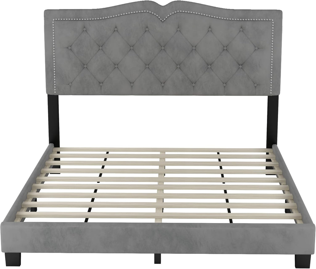 VilroCaz Elegant Velvet Design 3-Pieces Bedroom Sets, Modern Queen Size Platform Bed with 2 Nightstands, Bedside Table, Rivet Design Tufted Headboard