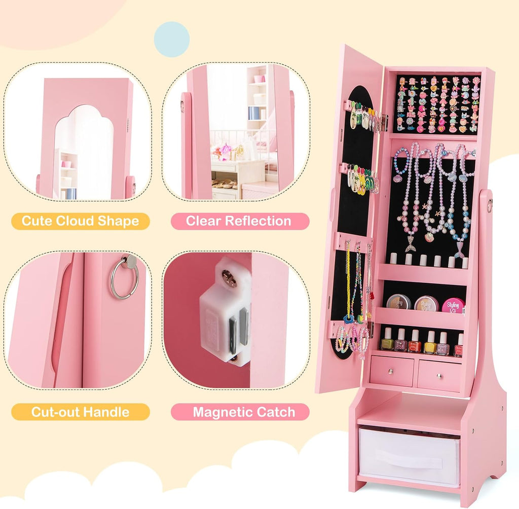 Costzon Kids Vanity & Jewelry Armoire Cabinet, Kids Vanity Table and Chair Set, Makeup Dressing Table, Standing Jewelry Organizer with Full-Length Mirror, Kids Bedroom Furniture Set for Girls (Pink)
