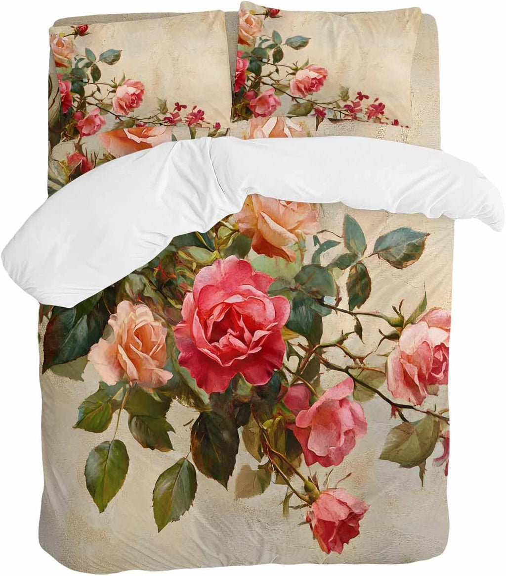 Spring Red Rose Duvet Cover Set Queen Size 4 Pieces Country Watercolor Pink Orange Floral Green Leaf Linen Bedding Set with Zipper Closure, 1 Comforter Cover 90x92 Inches 1 Flat Sheet & 2 Pillow Cases
