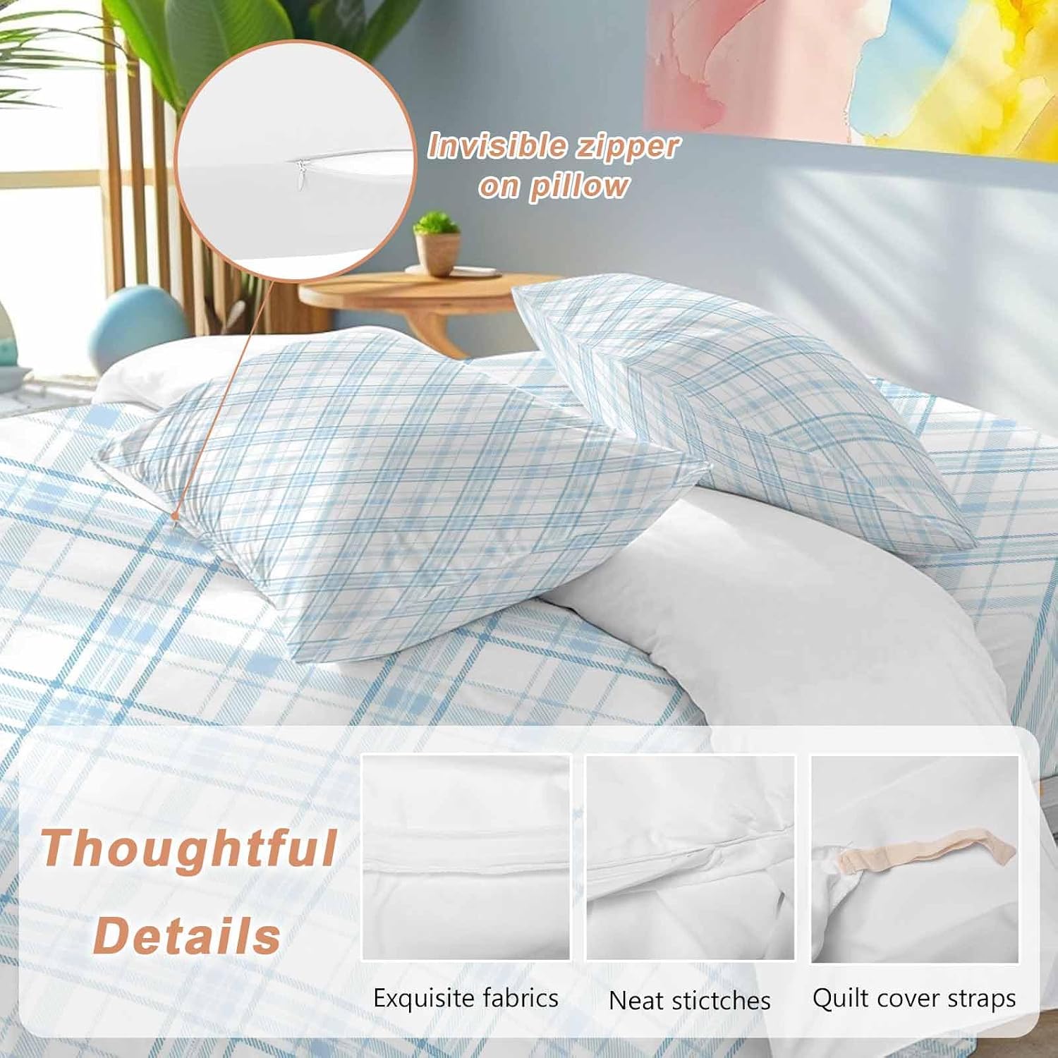 Light Blue White Checkered Duvet Cover Set Queen Size 4 Pieces Modern Minimalist Watercolor Country Farm Bedding Set with Zipper Closure, 1 Comforter Cover 86x86 Inches 1 Flat Sheet & 2 Pillow Cases