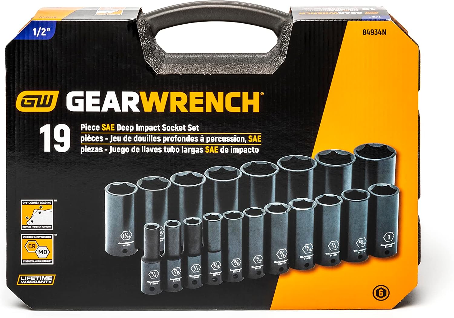 GEARWRENCH 19 Piece 1/2 Inch Drive 6 Point Impact Socket Set, Deep, SAE - 84934N