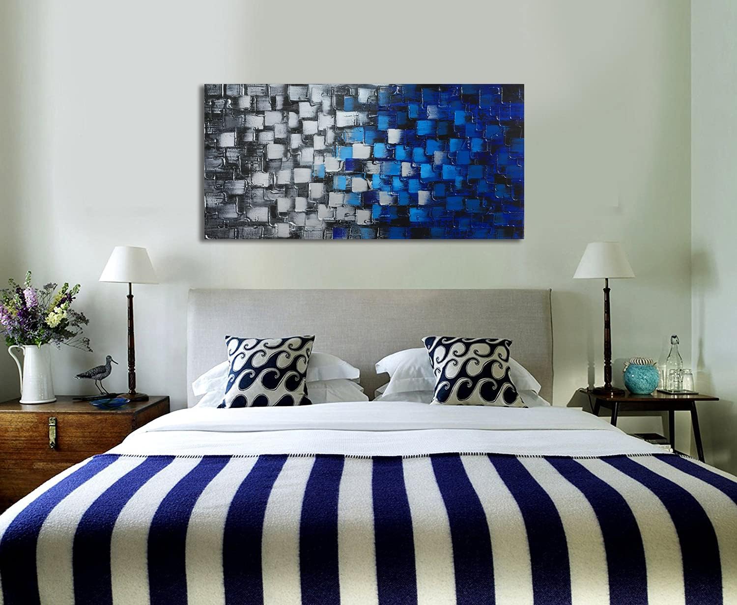 Abstract Dark Blue and Silver Painting Pictures Modern 3D Textured Squares Wall Art on Canvas for Home and Office Decoration Framed Ready to Hang 56x28inch