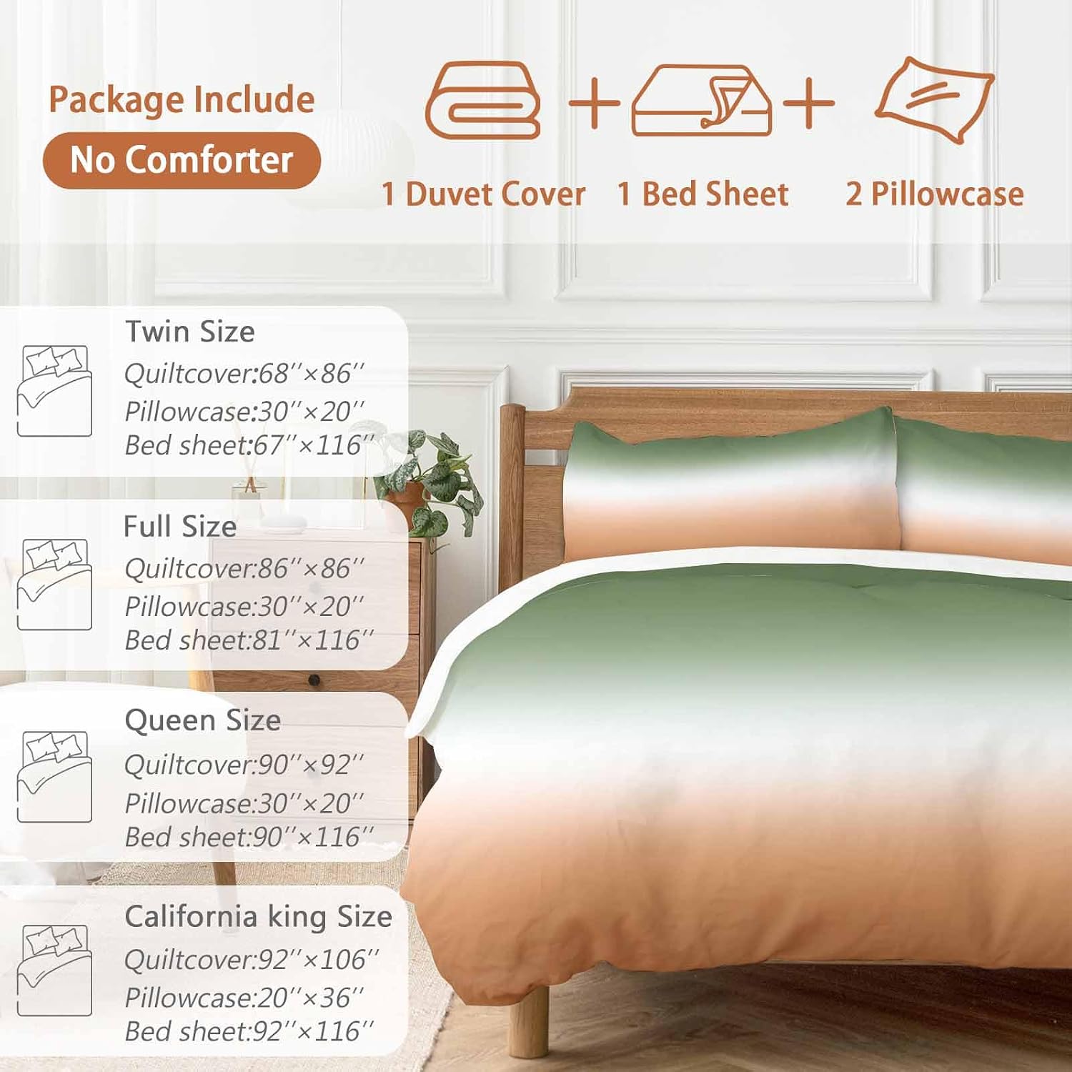 Bohemian Gradient Sage Green Duvet Cover Set Queen Size 4 Pieces Modern Minimalist Green Orange Ocean Beach Bedding Set with Zipper Closure,1 Comforter Cover 90x92 Inches 1 Flat Sheet & 2 Pillow Cases