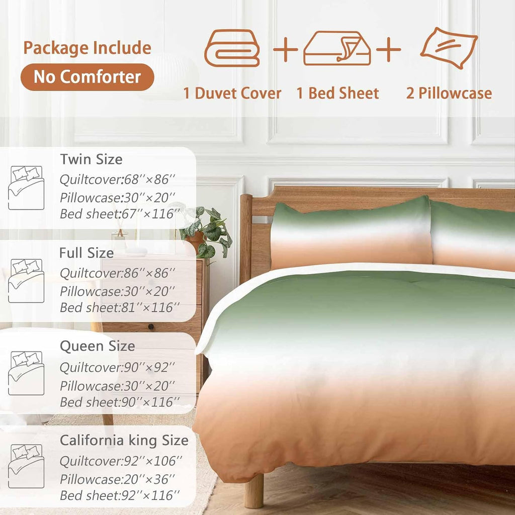 Bohemian Gradient Sage Green Duvet Cover Set Queen Size 4 Pieces Modern Minimalist Green Orange Ocean Beach Bedding Set with Zipper Closure,1 Comforter Cover 86x86 Inches 1 Flat Sheet & 2 Pillow Cases