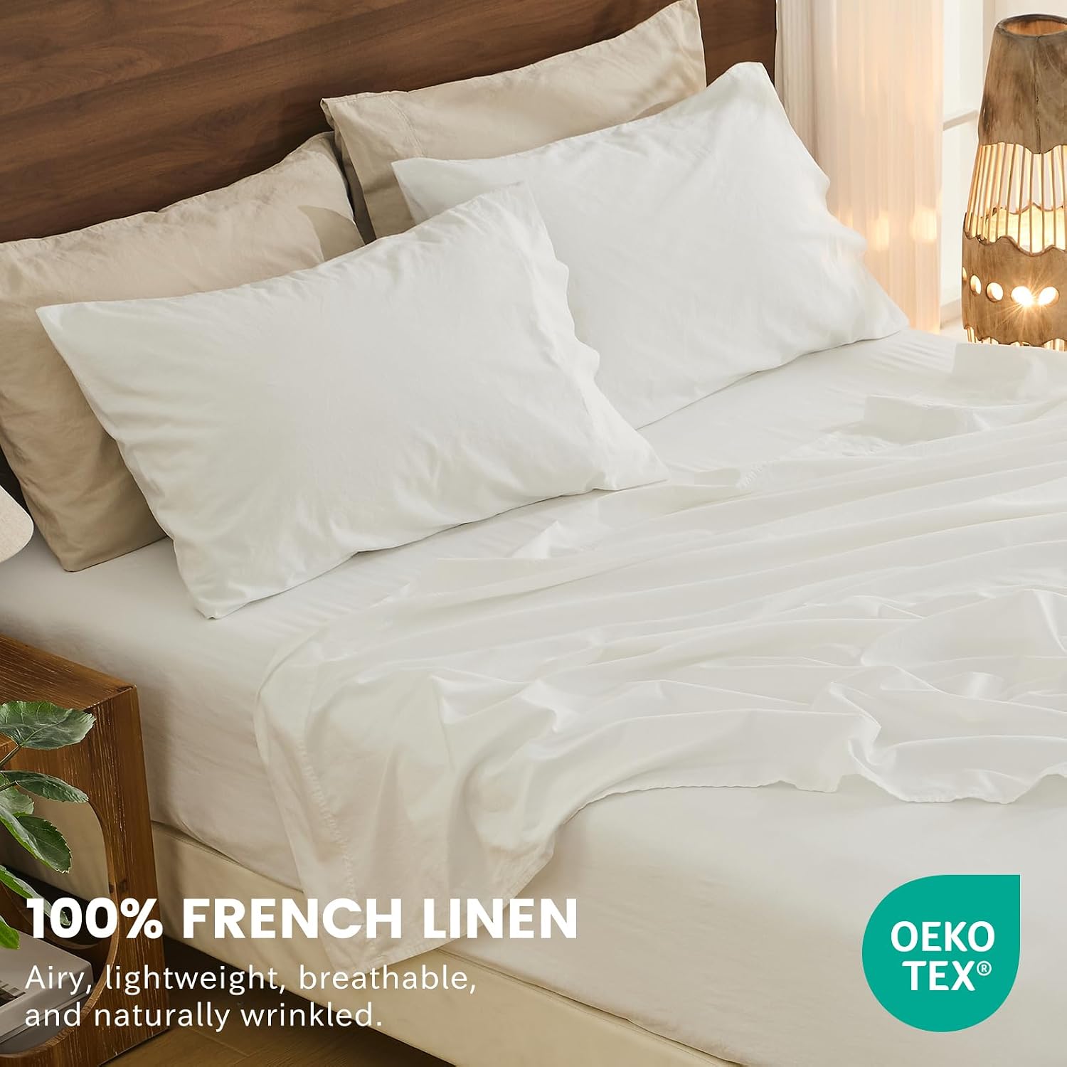 Bedlifes 100% French Flax Linen Sheets Set Queen Size - 6 Piece Extra Deep Pocket 18-24',Soft Breathable Queen Bed Sheets with Temperature Regulating & Moisture-Wicking(White