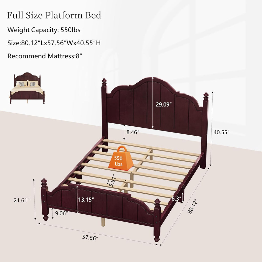 Full Size Platform Bed with Wide Headboard, Vintage Full Wooden Bed Frame with Durable Slats Support for Bedroom, Up to 650lbs, No Box Spring Needed, Easy Assembly (Espresso2, Full)