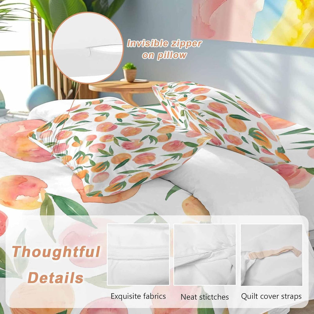 Peaches Watercolor Duvet Cover Set Queen Size 4 Pieces Pink Fruit Green Leaf Gradient Abstract Bedding Set with Zipper Closure, 1 Comforter Cover 92x106 Inches 1 Flat Sheet & 2 Pillow Cases