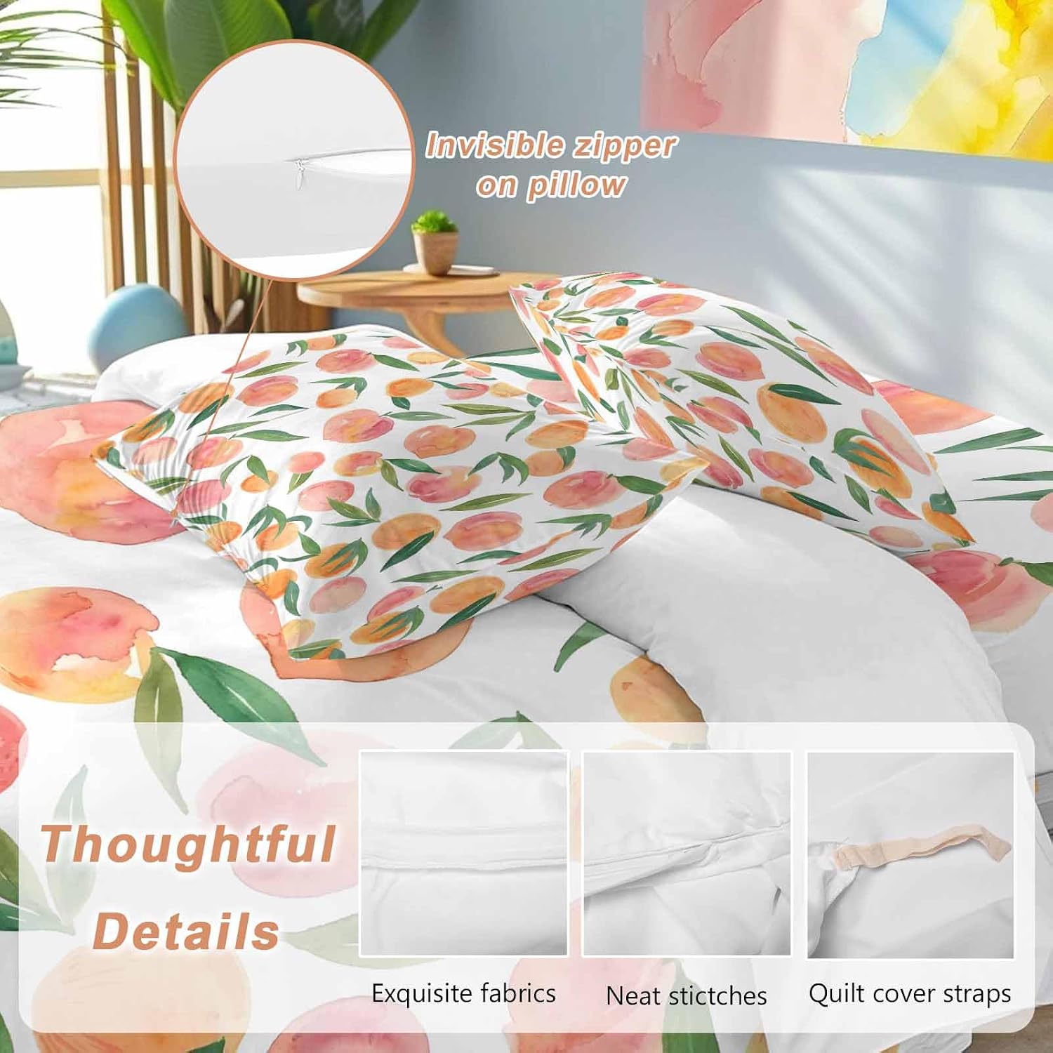 Peaches Watercolor Duvet Cover Set Queen Size 4 Pieces Pink Fruit Green Leaf Gradient Abstract Bedding Set with Zipper Closure, 1 Comforter Cover 92x106 Inches 1 Flat Sheet & 2 Pillow Cases