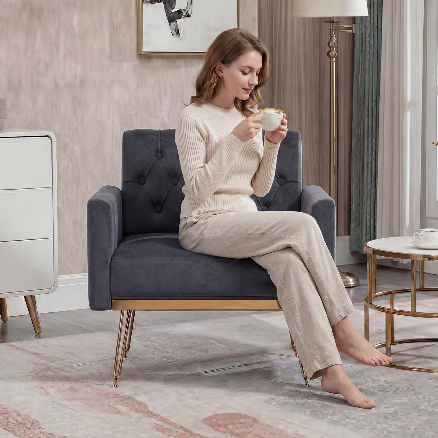 Olela Accent Chair with Arm for Living Room, Velvet Modern Armchair Single Sofa Cozy Tufted Upholstered Reading Side Chairs with Gold Metal Leg for Bedroom Decorate