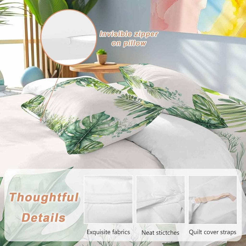 Tropical Leaf Duvet Cover Set Queen Size 4 Pieces Palms Monstera Leaves Green Plant Botanical Bedding Set with Zipper Closure, 1 Comforter Cover 92x106 Inches 1 Flat Sheet & 2 Pillow Cases