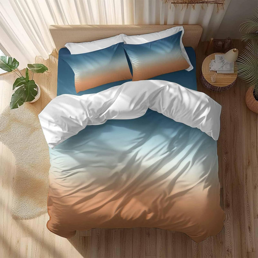 Prime Leader Gradient Blue Duvet Cover Set Queen Size 4 Pieces Modern Minimalist Orange Blue Ocean Beach Bedding Set with Zipper Closure, 1 Comforter Cover 92x106 Inches 1 Flat Sheet & 2 Pillow Cases