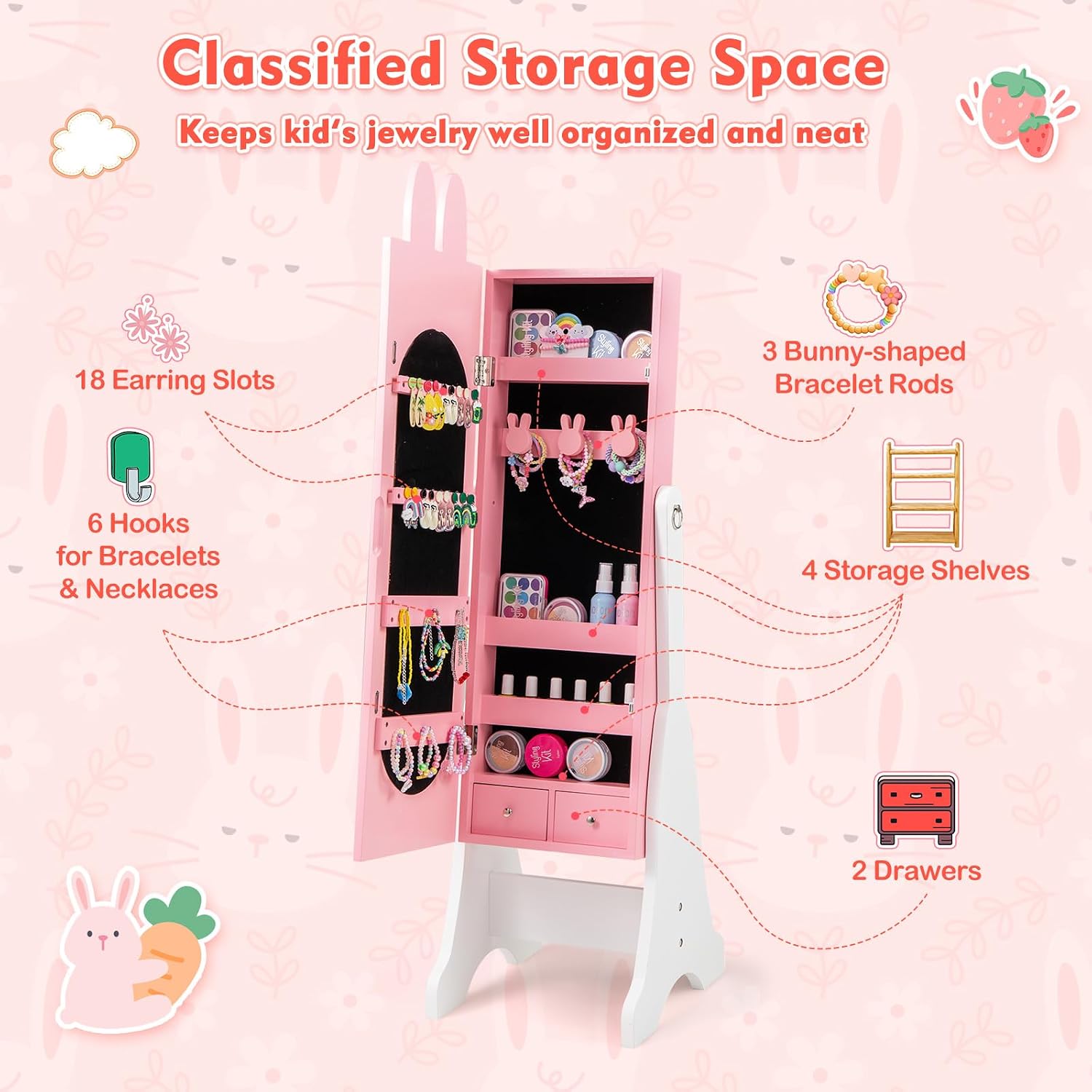 GLACER Kids Vanity & Jewelry Armoire, Princess Dressing Table and Chair Set, Wood Kids Dress Up Storage with Full-Length Mirror, 2 Adjustable Tilt Angles, Kids Bedroom Furniture Set for Girls (Pink)