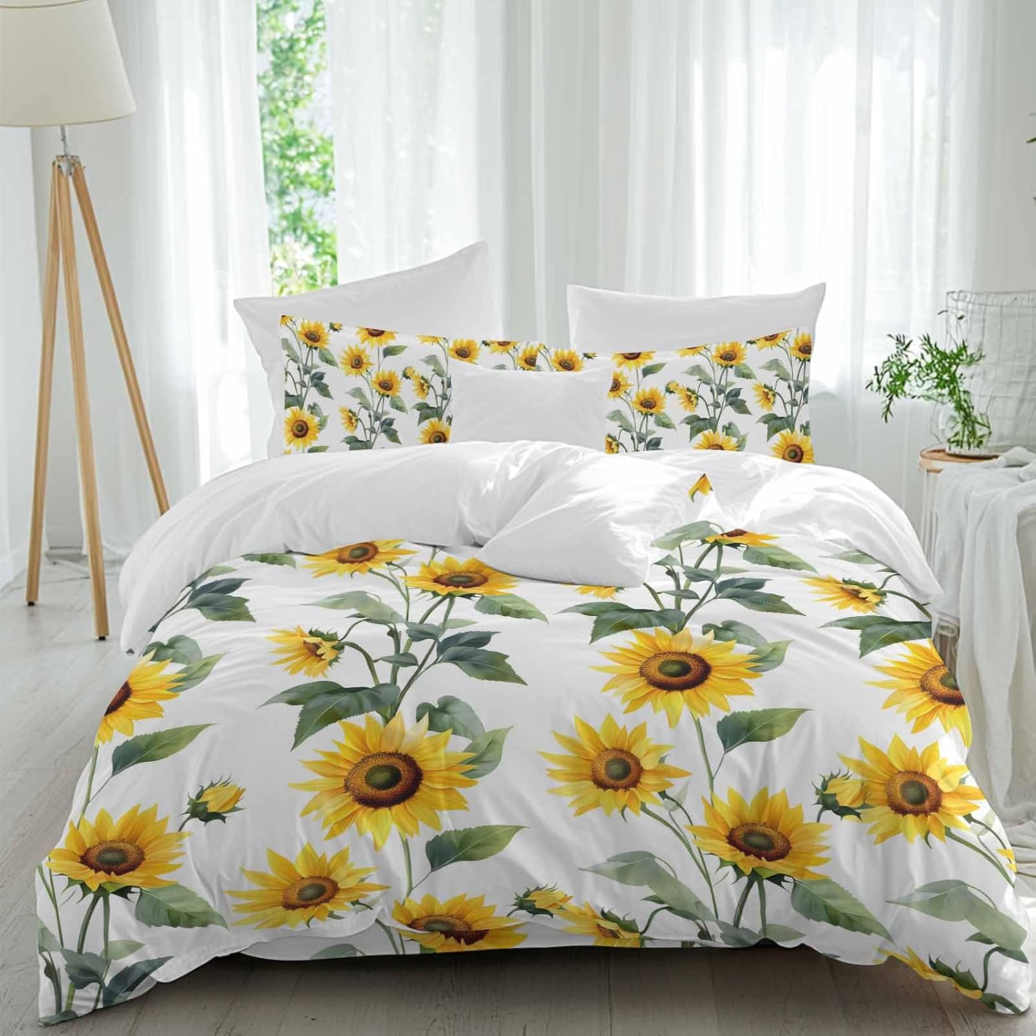 Prime Leader Summer Sunflowers Duvet Cover Set Queen Size 4 Pieces Watercolor Floral White Bedding Set with Zipper Closure, 1 Comforter Cover 92x106 Inches 1 Flat Sheet & 2 Pillow Cases